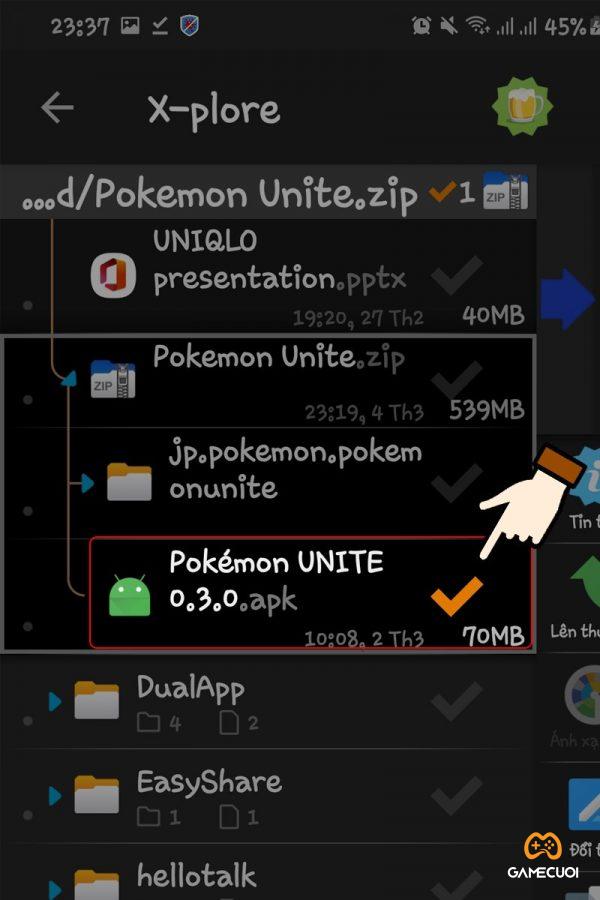 Chuyển lại sang tab bên trái > Tích chọn file Pokemon Unite.apk