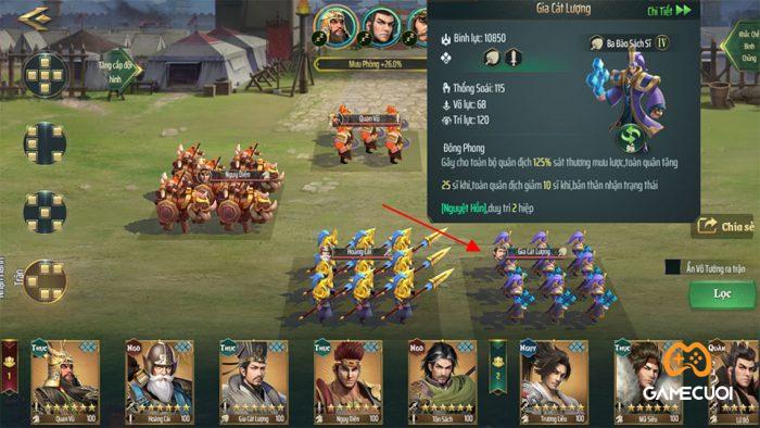 Trong quá trình sắp xếp đội hình, người chơi có thể nhấp vào binh chủng võ tướng để có thể xem thông tin võ tướng và thay đổi binh chủng