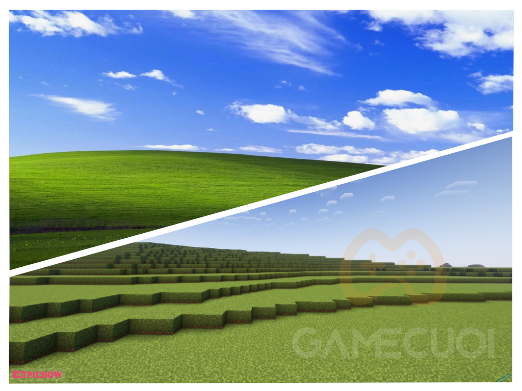 Hình nền đồng cỏ huyền thoại trên WinXP được tái hiện trong Minecraft