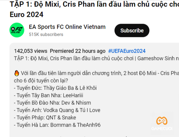 TAP 1 Do Mixi Cris Phan lan dau lam chu cuoc choi Gameshow Sinh nhat 6 tuoi FCO UEFA Euro 2024 YouTube 2 Game Cuối