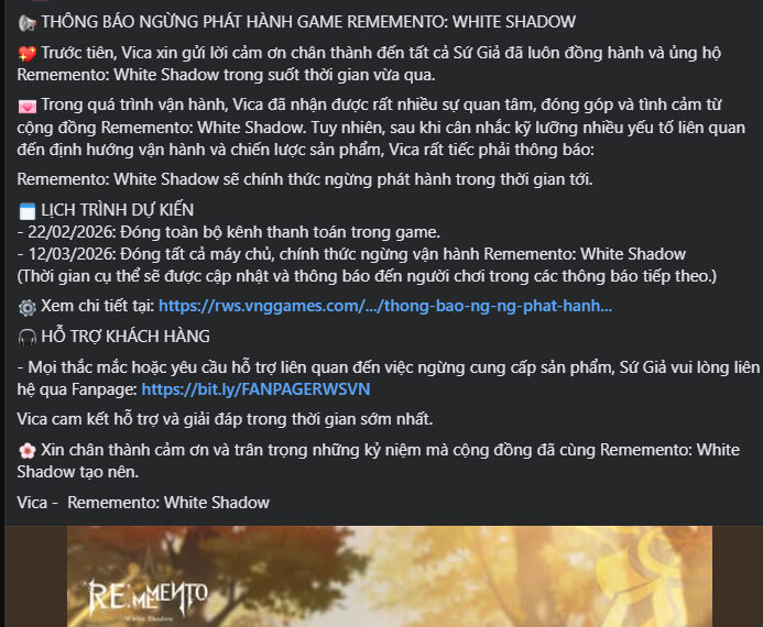 Rememento: White Shadow chính thức thông báo ngừng phát hành tại Việt Nam